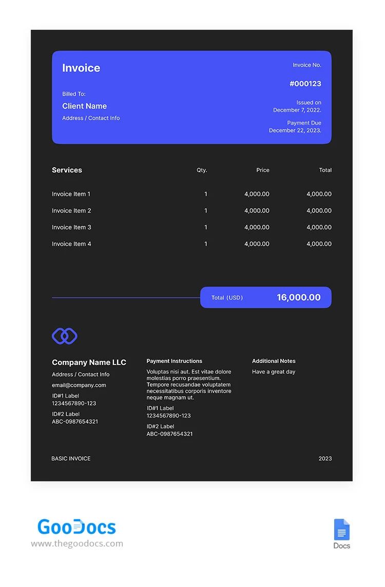 Black Basic Invoice - free Google Docs Template - 10065319