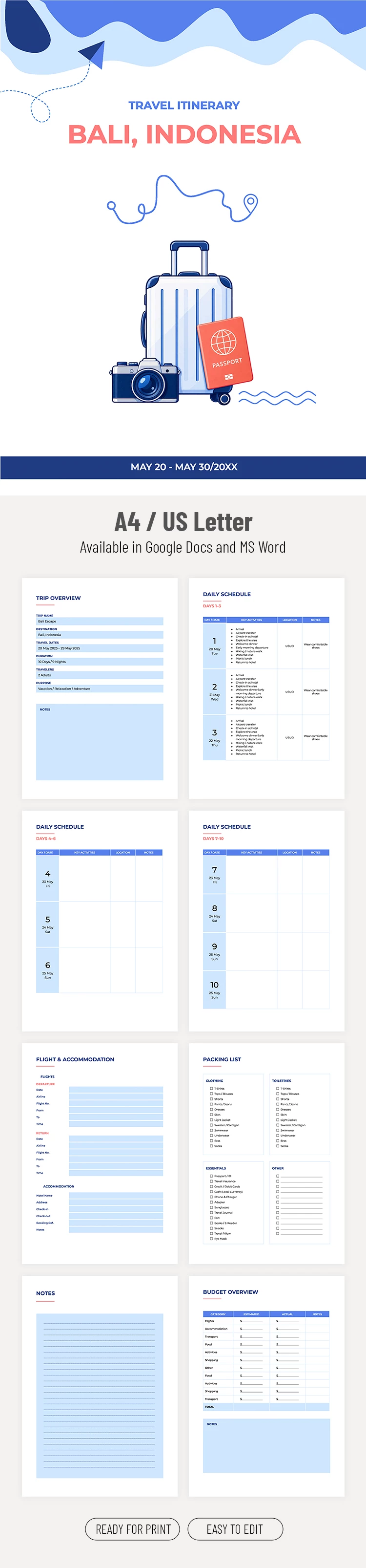 Preview of 10 Day Travel Itinerary Template for Google Docs and Microsoft Word