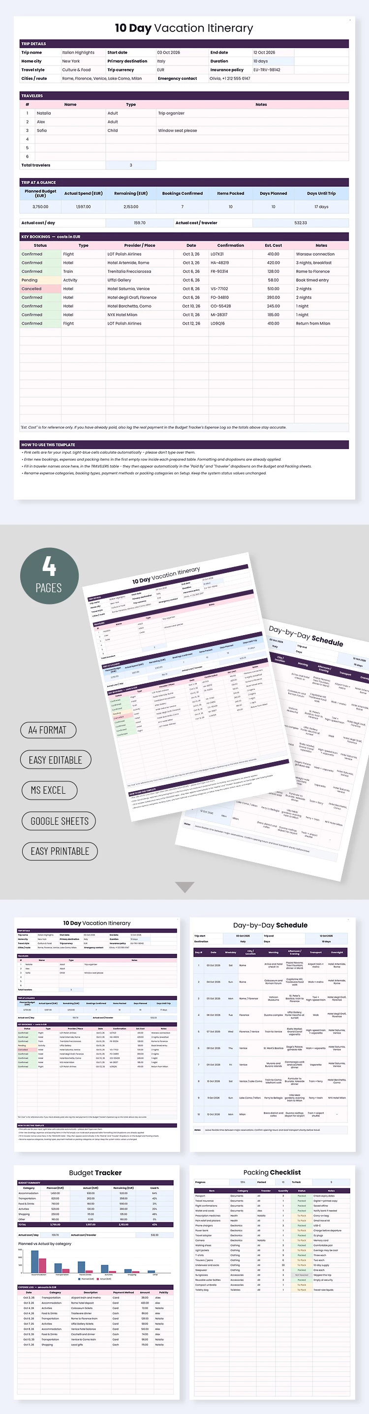Preview of 10 Day Vacation Itinerary Template for Google Sheets and Microsoft Excel