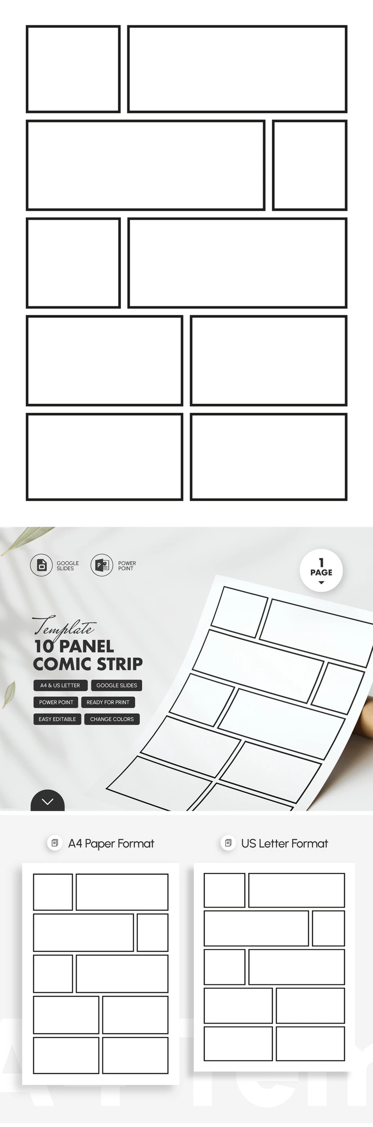 Preview of 10 Panel Comic Strip Template – Black & White for Google Slides and Microsoft PowerPoint