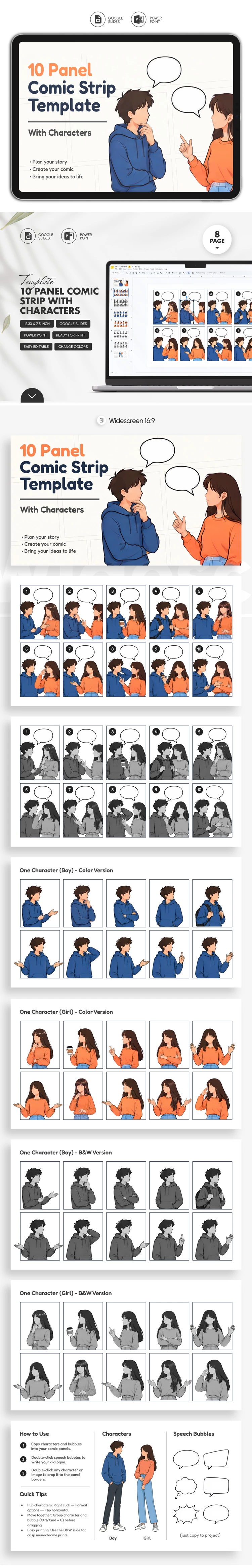 Anteprima di Modello di striscia a fumetti a 10 pannelli con personaggi per Google Slides and Microsoft PowerPoint
