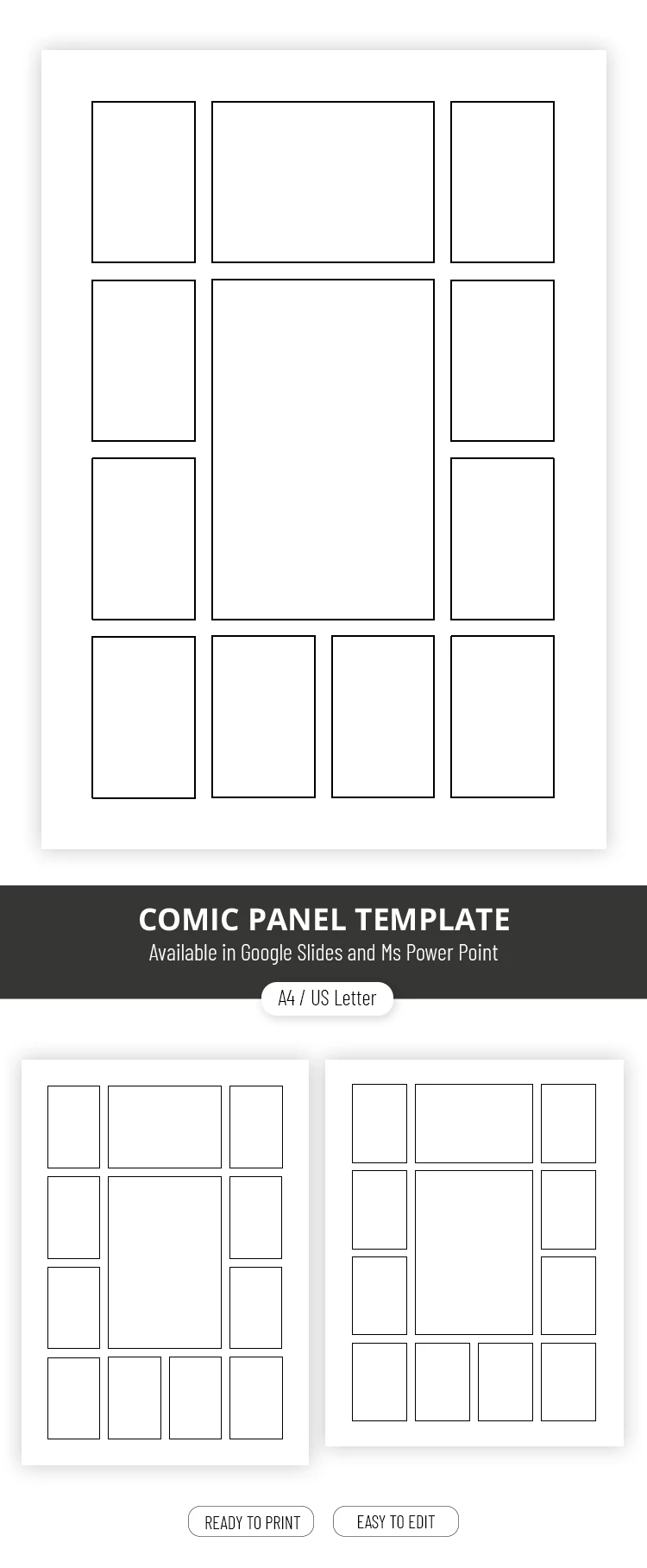 Preview of 12 Panel Comic Strip Template - Black & White Layout for Google Slides and Microsoft PowerPoint