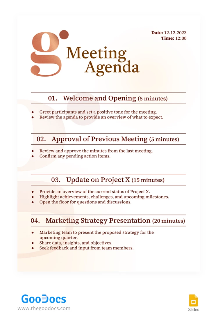 Agenda da Reunião de Negócios Branca - free Google Docs Template - 10067734