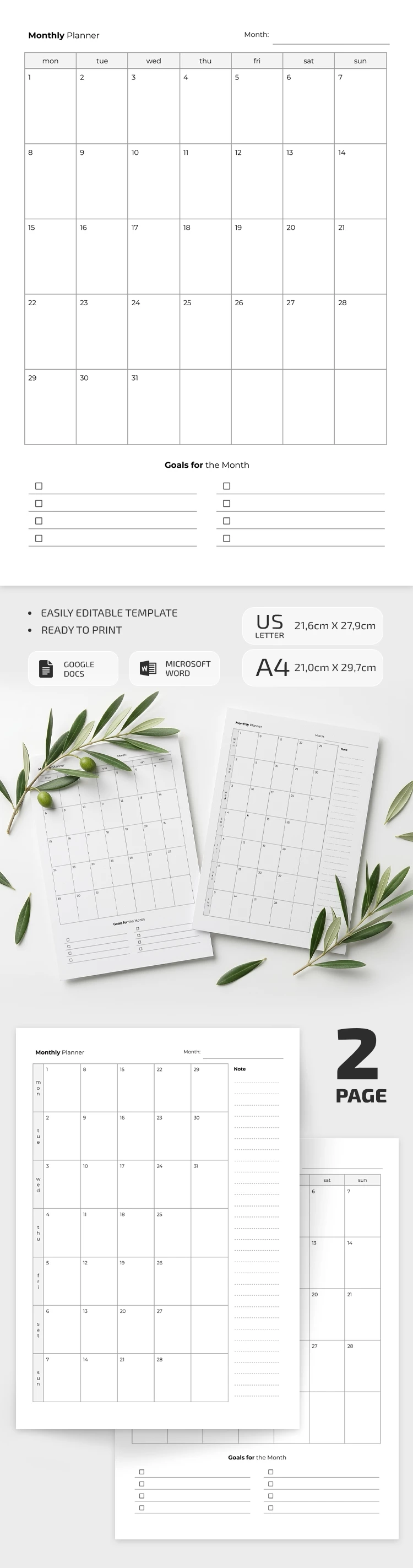Preview of 2 Page Monthly Planner Template for Google Docs and Microsoft Word