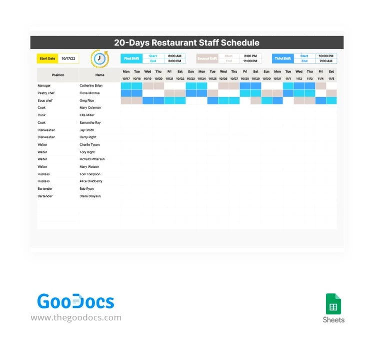 Calendario de horarios del personal del restaurante durante 20 días. - free Google Docs Template - 10063859