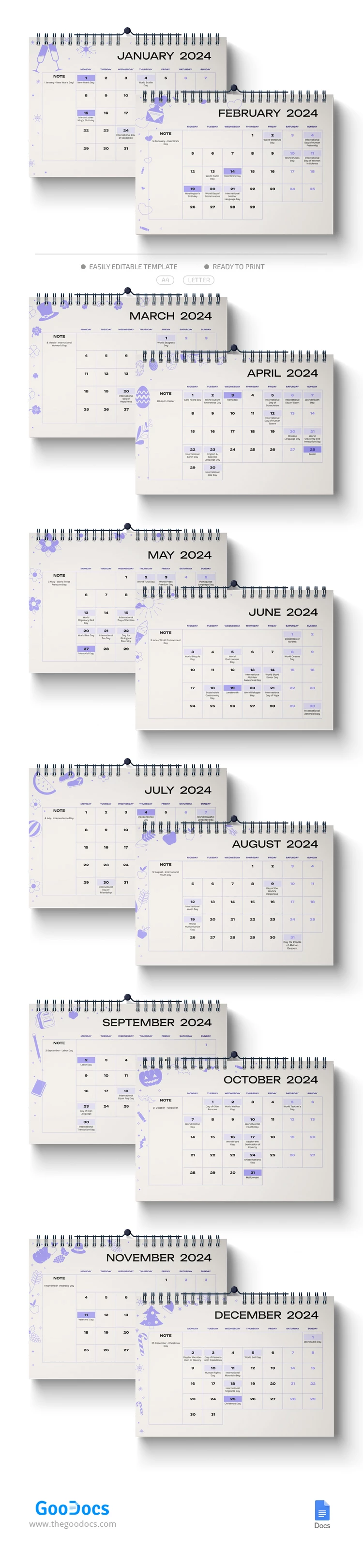 2024 Holidays Calendar - free Google Docs Template - 10068550