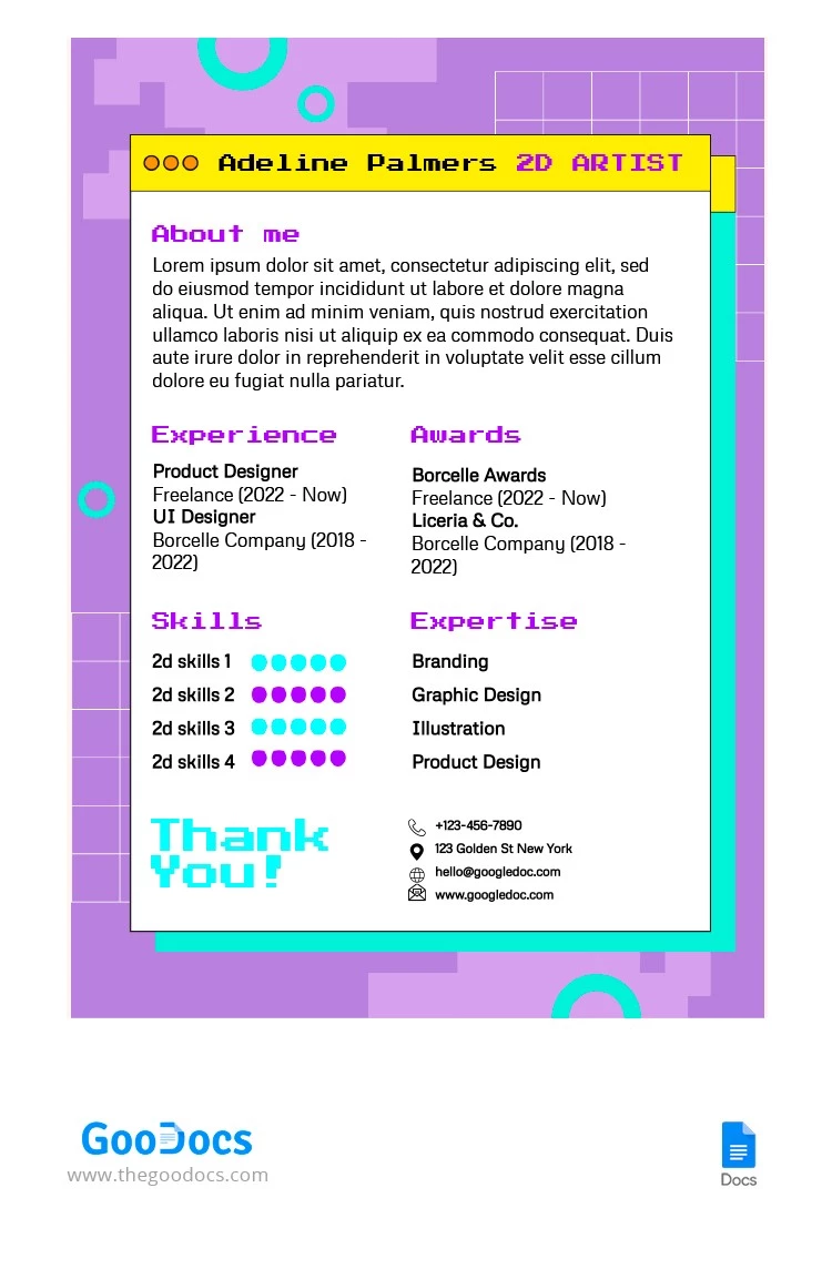 CV di un artista 2D - free Google Docs Template - 10064543