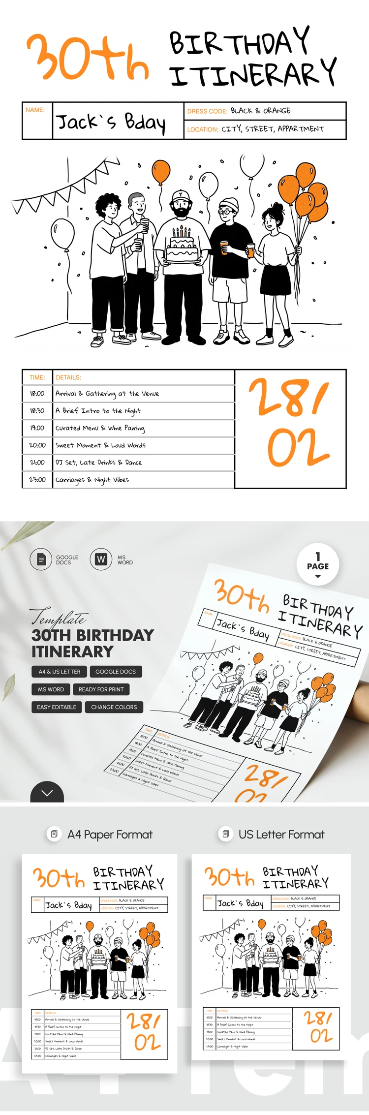 Preview of 30th Birthday Itinerary Template for Google Docs and Microsoft Word