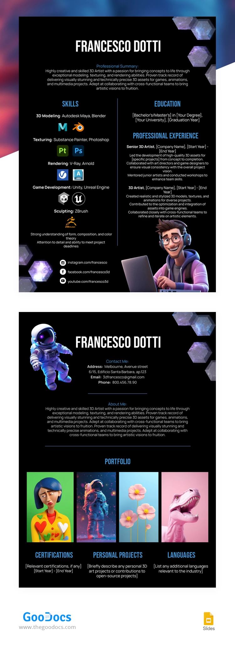 Currículo de Artista 3D - free Google Docs Template - 10068065