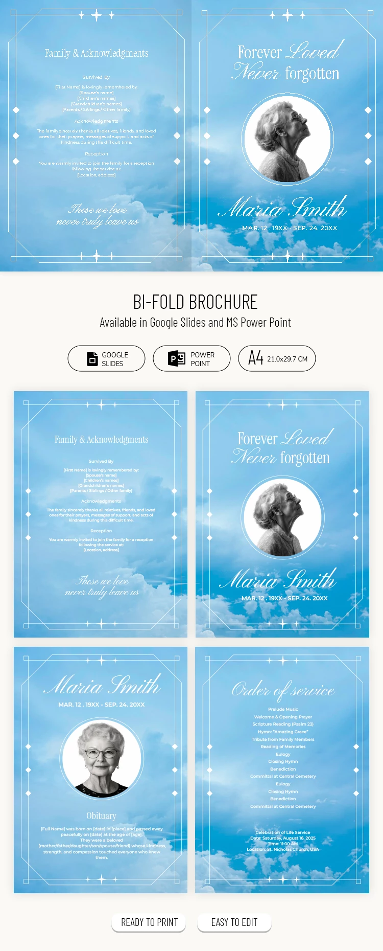 Pré-visualização de Modelo de Programa de Funeral Celestial de 4 Páginas para Google Slides and Microsoft PowerPoint