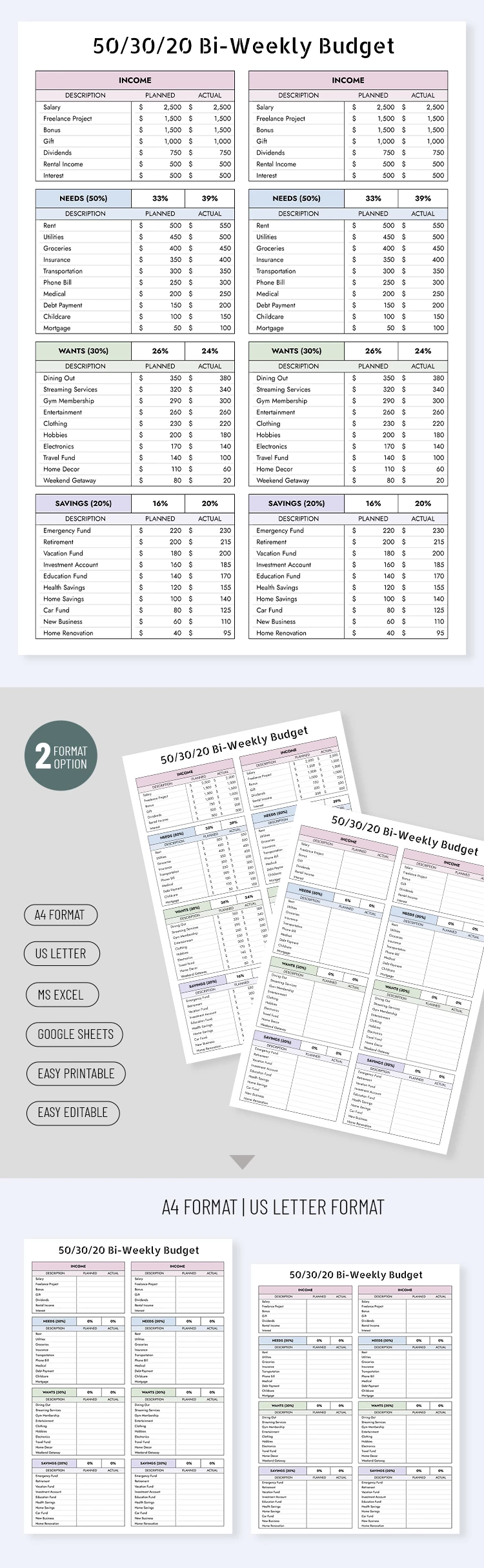 50/30/20 Modèle de budget bimensuel - free Google Docs Template - 10071554