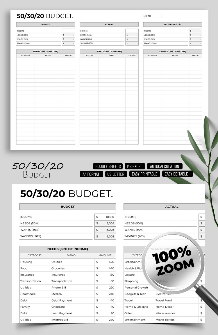Free Modello di budget 50/30/20 Modello in Google Sheets and Microsoft