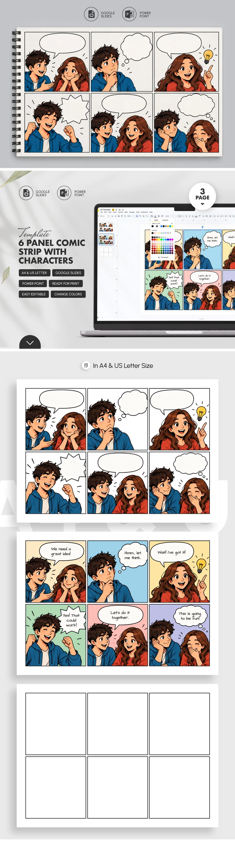 Vorschau von 6 Panel Comic Strip Vorlage mit Charakteren für Google Slides and Microsoft PowerPoint