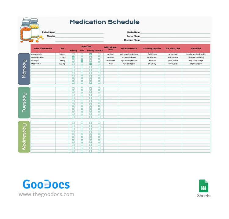 7 jours de calendrier de médication - free Google Docs Template - 10064428