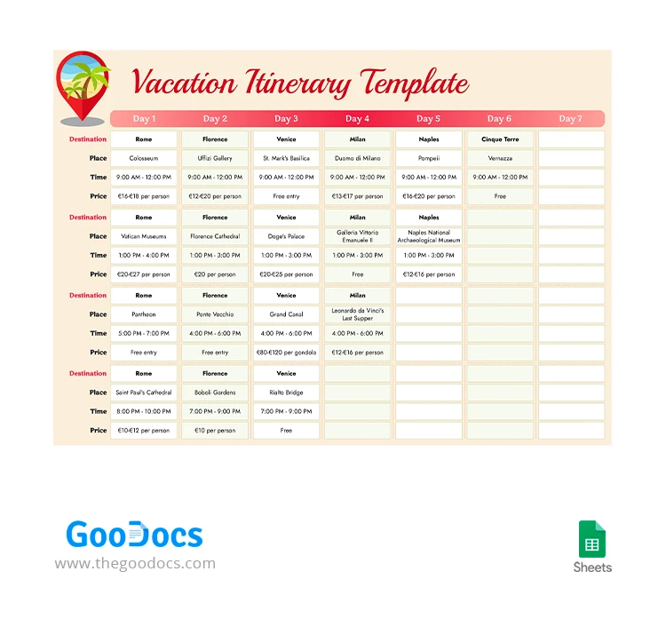 7 días de itinerario de vacaciones - free Google Docs Template - 10067718