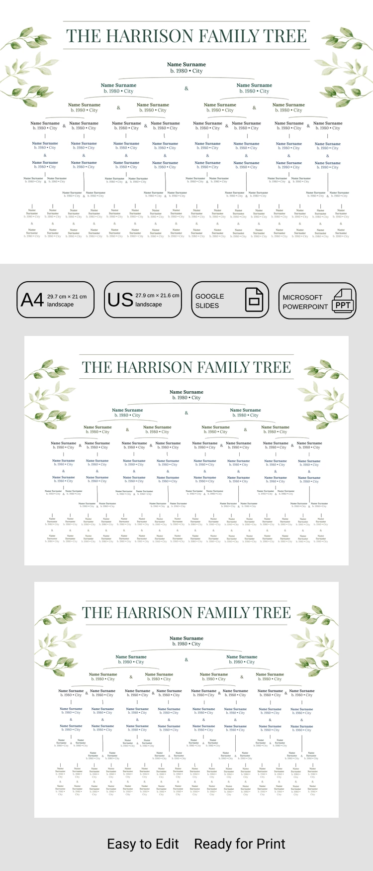 Preview of 7 Generation Family Tree Template with Names and Dates for Google Slides and Microsoft PowerPoint