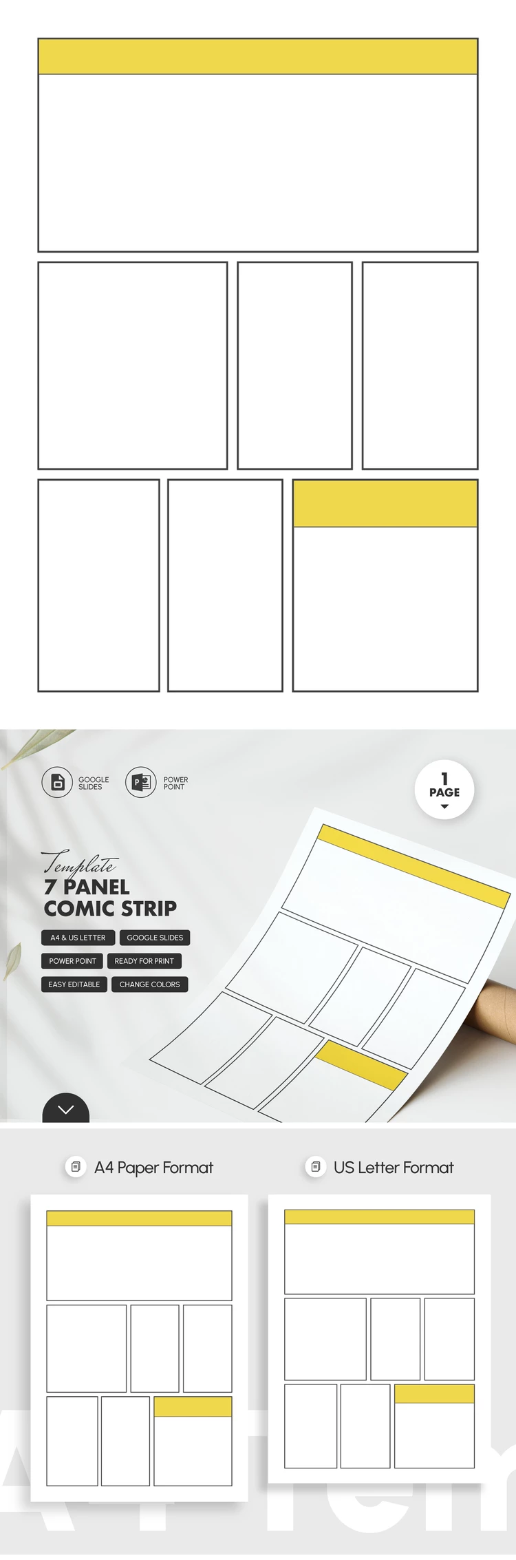 Preview of 7 Panel Comic Strip Template for Google Slides and Microsoft PowerPoint
