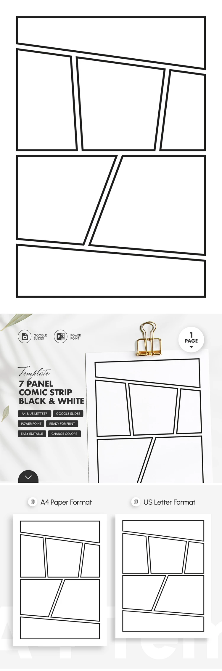 Preview of Black & White 7 Panel Comic Strip Template for Google Slides and Microsoft PowerPoint