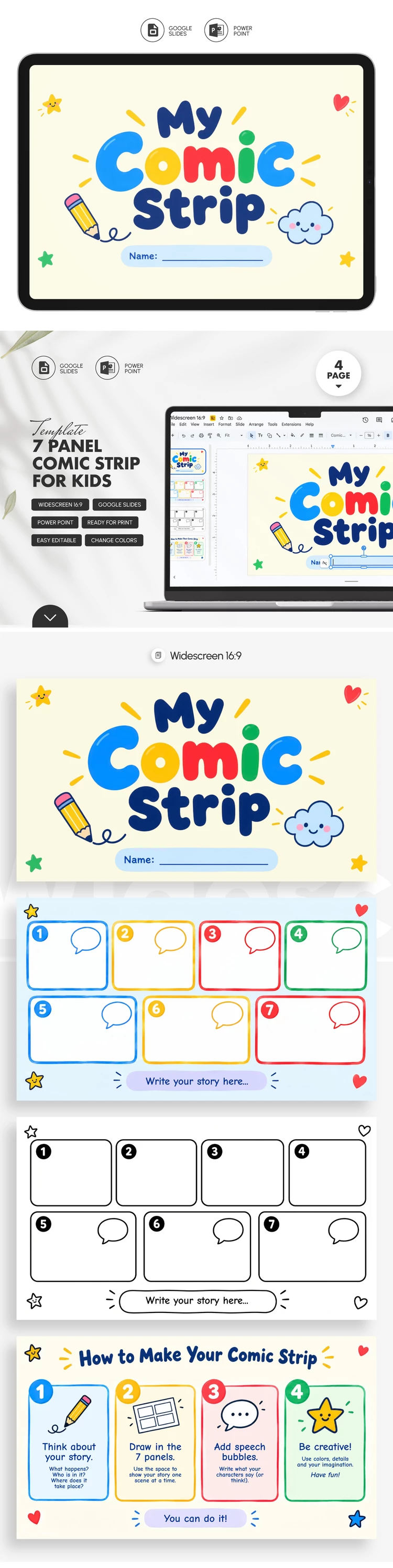 Preview of 7 Panel Comic Strip Template for Kids for Google Slides and Microsoft PowerPoint