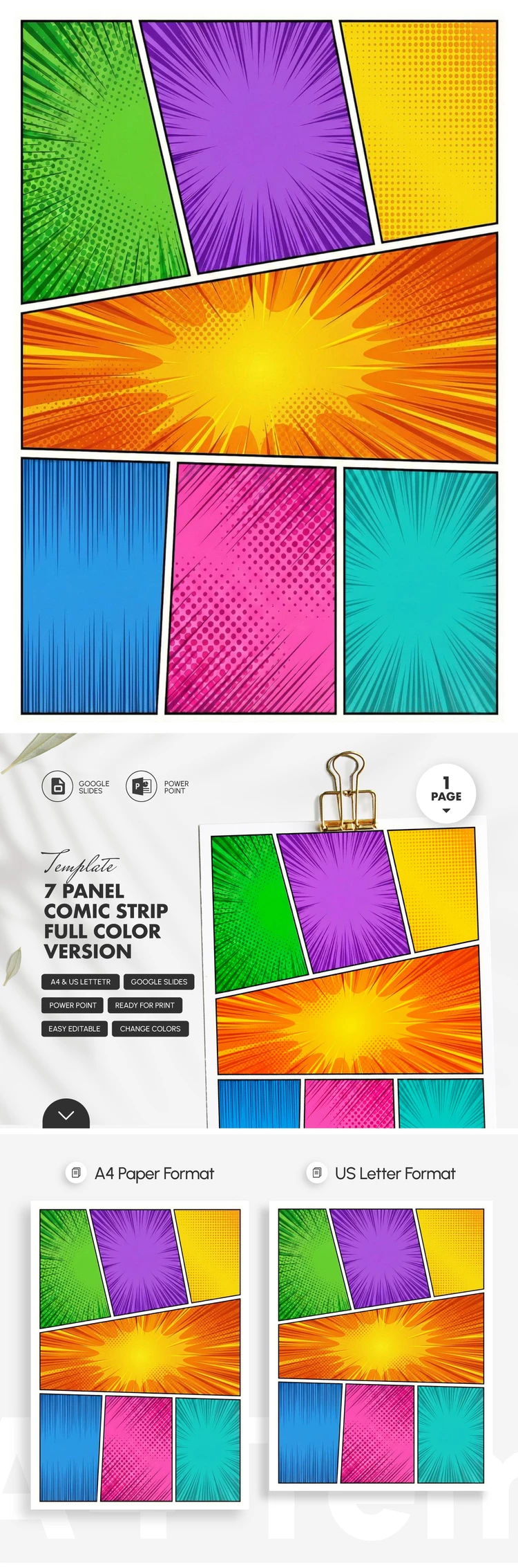 Preview of 7 Panel Comic Strip Template – Full Color Version for Google Slides and Microsoft PowerPoint