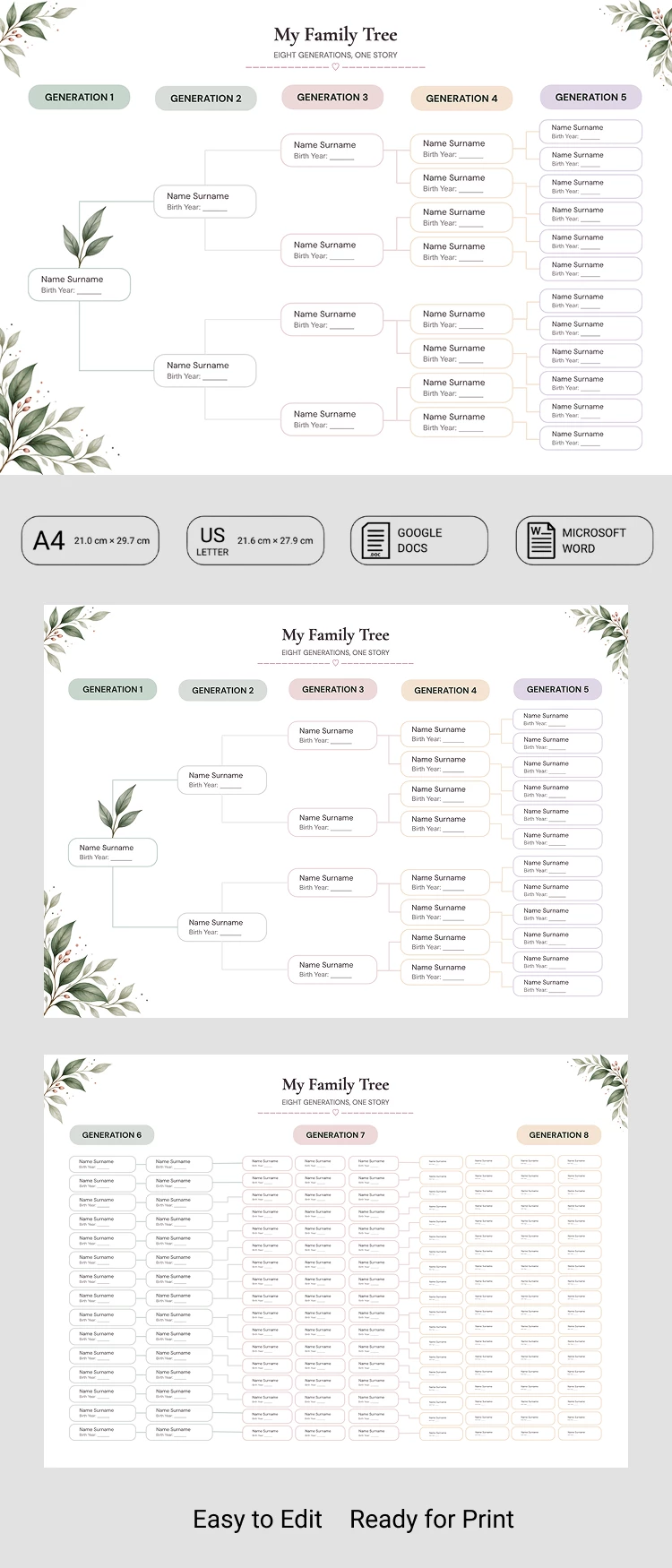 Preview of 8 Generation Family Tree Chart Template for Google Docs and Microsoft Word