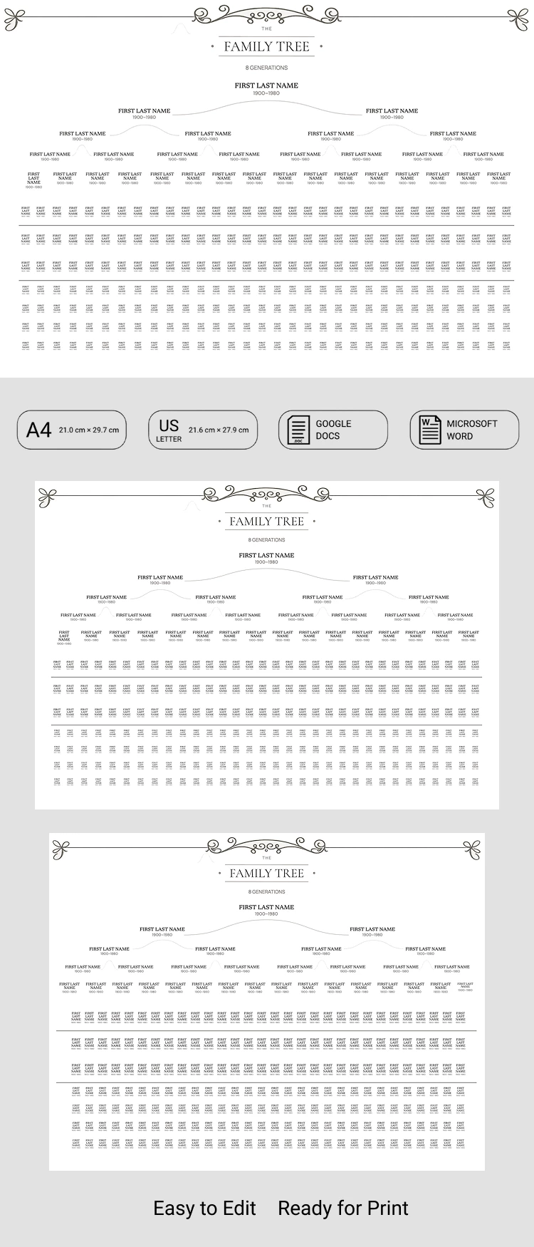 Preview of 8 Generation Family Tree Template with Names and Dates for Google Docs and Microsoft Word