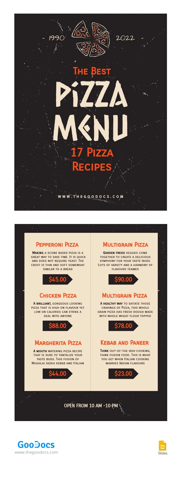 Menu de Restaurante de Pizza Moderno - free Google Docs Template - 10064399