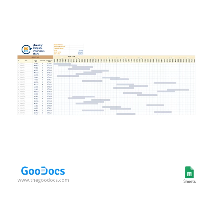 Planificación de 90 días con gráfico de Gantt - free Google Docs Template - 10063037