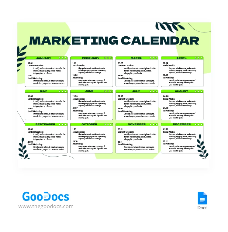 Calendário de Marketing Resumido - free Google Docs Template - 10067287
