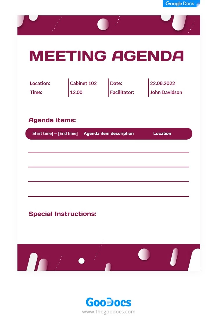 Pink Abstract Meeting Agenda - free Google Docs Template - 10062008