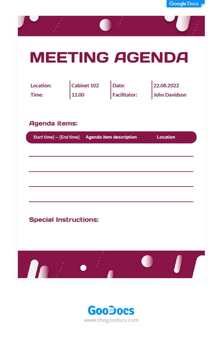 Pink Meeting Agenda - free Google Docs Template - 10062008