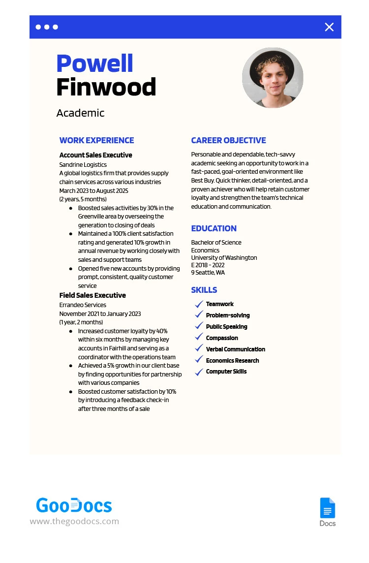 Academic CV - free Google Docs Template - 10065383