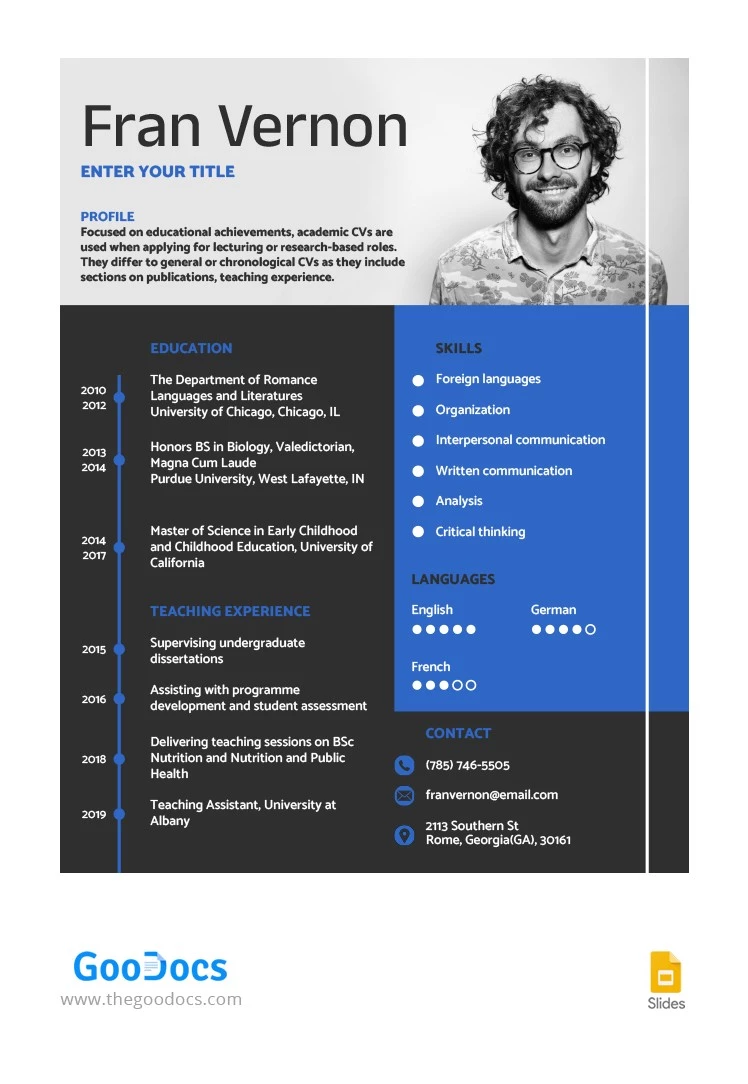 Academic CV with Blue - free Google Docs Template - 10064994