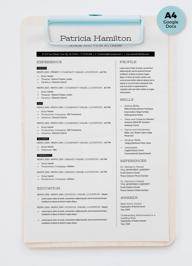 CV d'acteur - free Google Docs Template - 10068963