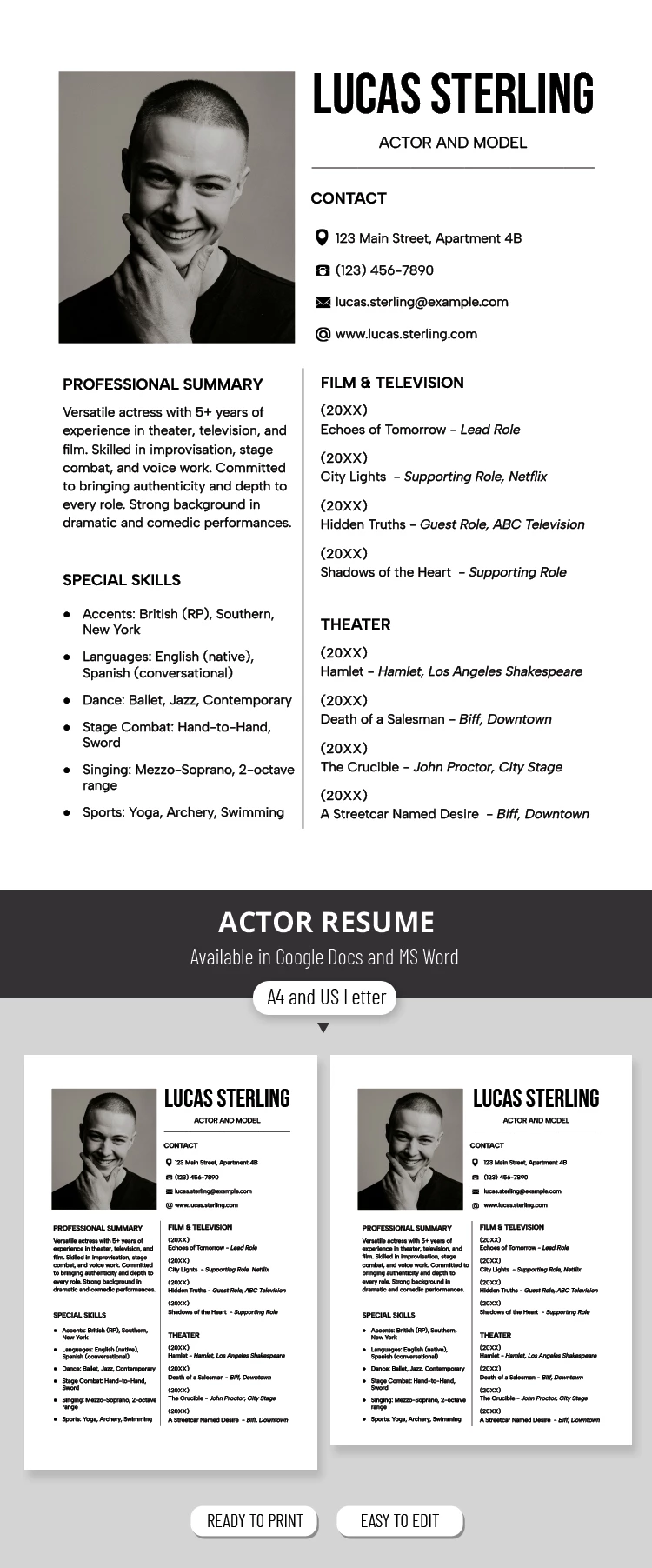 Editable & Printable Acting Resume Template - free Google Docs Template - 10072181