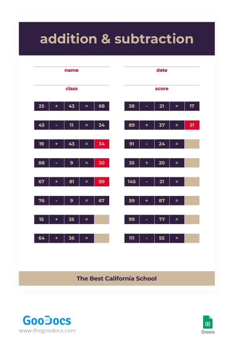 Addition and Subtraction Notes - free Google Docs Template - 10063526