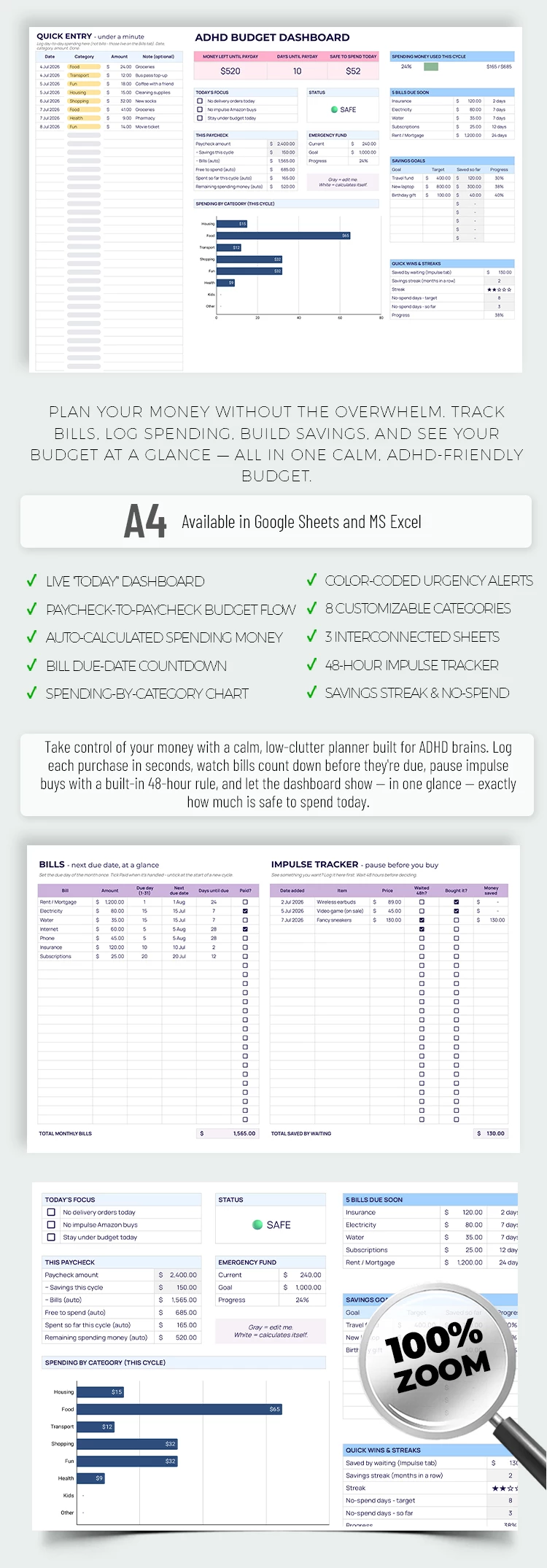 Vista previa de Plantilla de presupuesto para TDAH para Google Sheets and Microsoft Excel