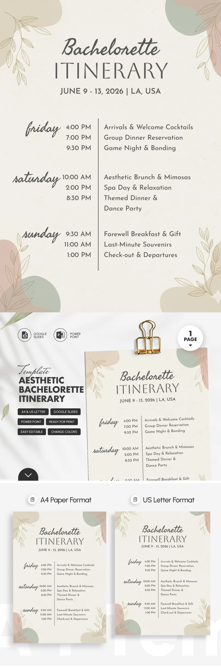 Plantilla de Itinerario de Fin de Semana para Despedida de Soltera Estética - free Google Docs Template - 10072372