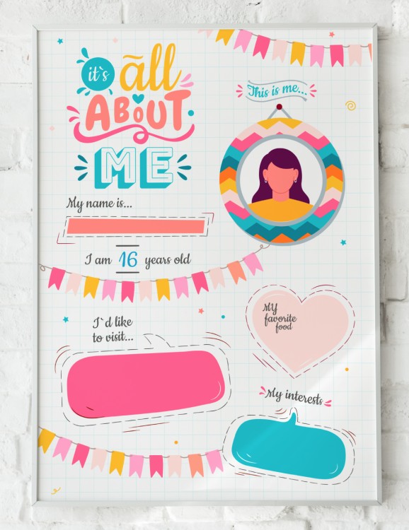 Soft Pink Scrapbook All About Me Poster Design Templates
