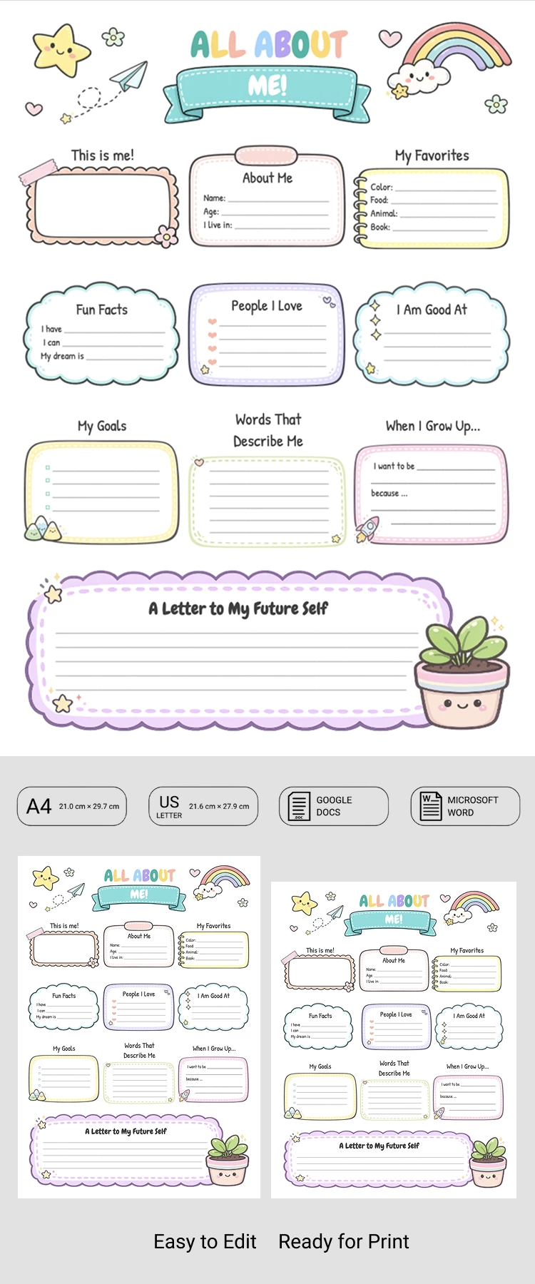 Preview of All About Me Worksheet Template for Google Docs and Microsoft Word