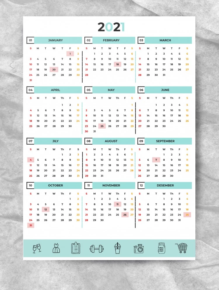 Calendrier annuel 2021 - free Google Docs Template - 10061785