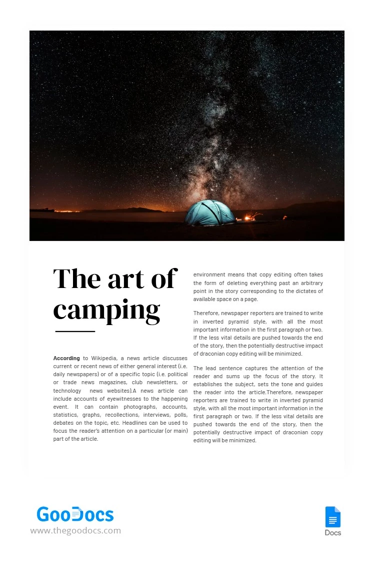 Article sur le camping artistique - free Google Docs Template - 10063532
