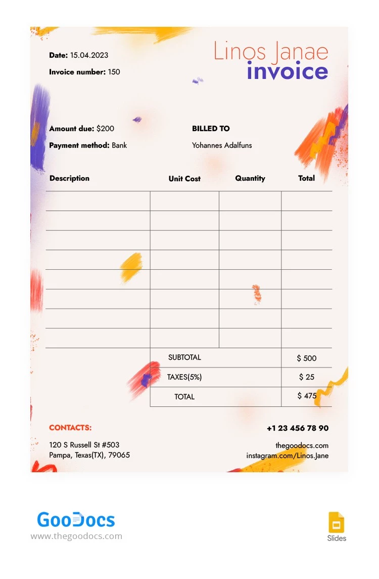 Plantilla de factura de artista - free Google Docs Template - 10065777