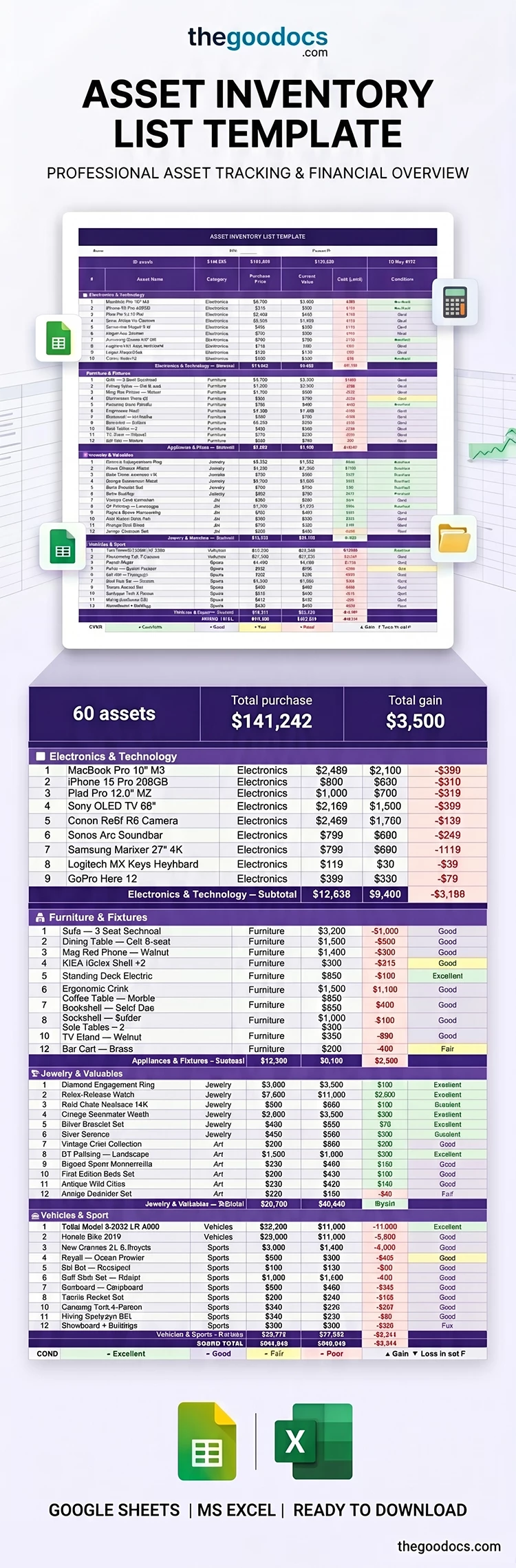 Preview of Asset Inventory List Template for Google Sheets and Microsoft Excel