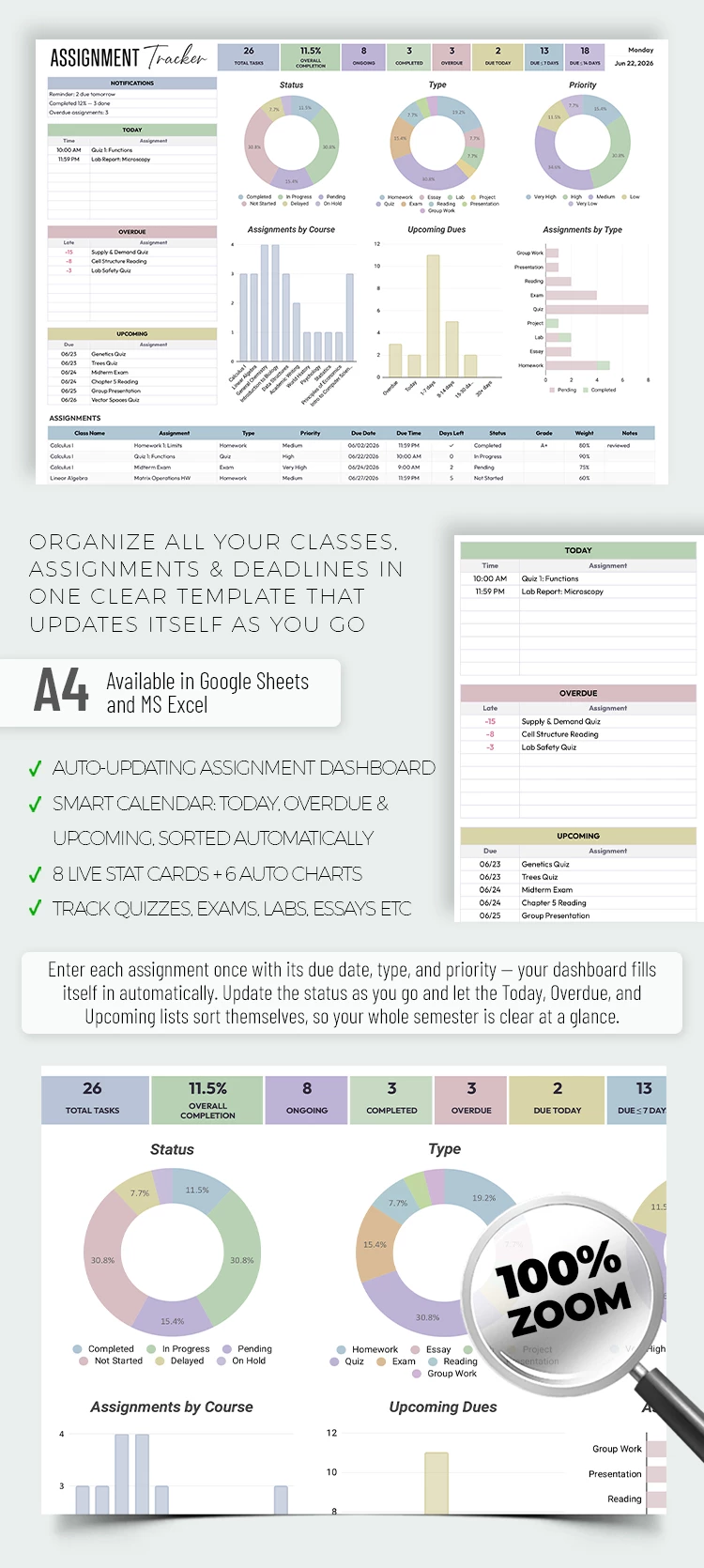 Preview of Assignment Tracker Template for Google Sheets and Microsoft Excel