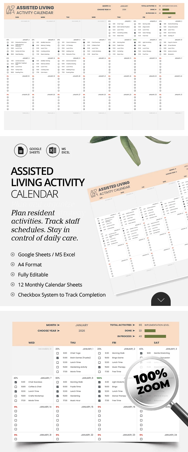 Anteprima di Modello di calendario delle attività di assistenza per anziani per Google Sheets and Microsoft Excel