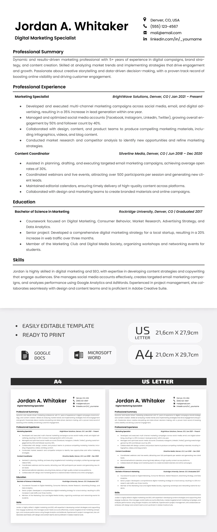 ATS-freundliche Lebenslaufvorlage – Professionell & Bearbeitbar - free Google Docs Template - 10071599