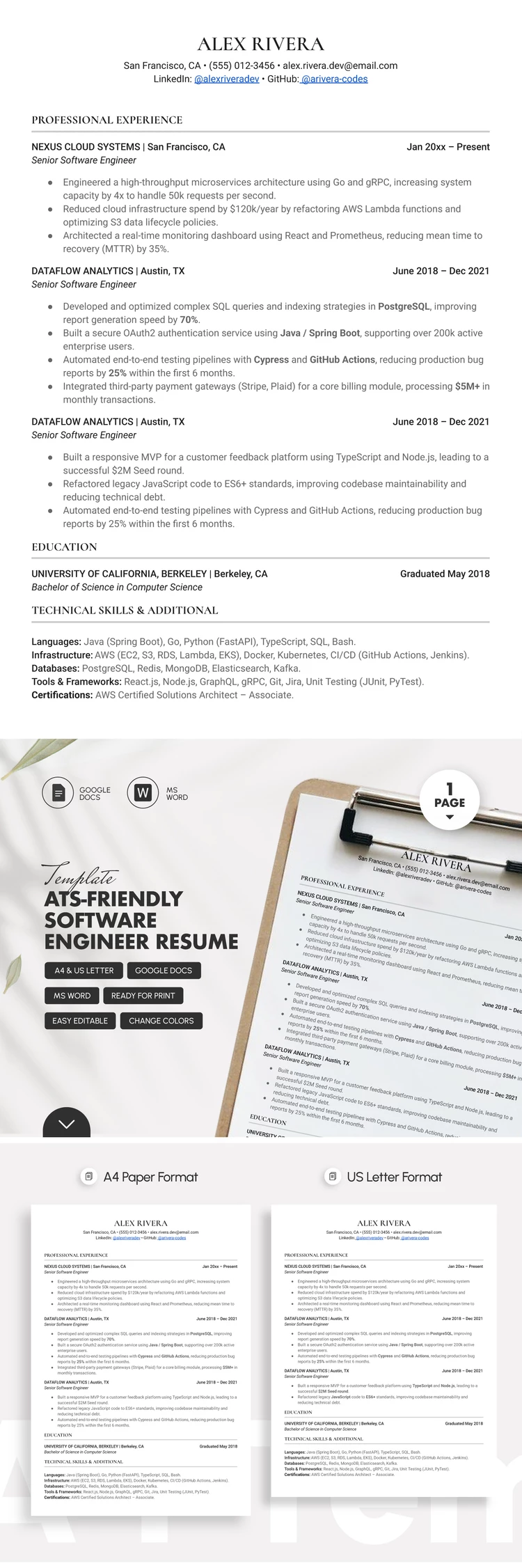Anteprima di Modello di curriculum vitae ATS-Friendly per ingegnere del software per Google Docs and Microsoft Word