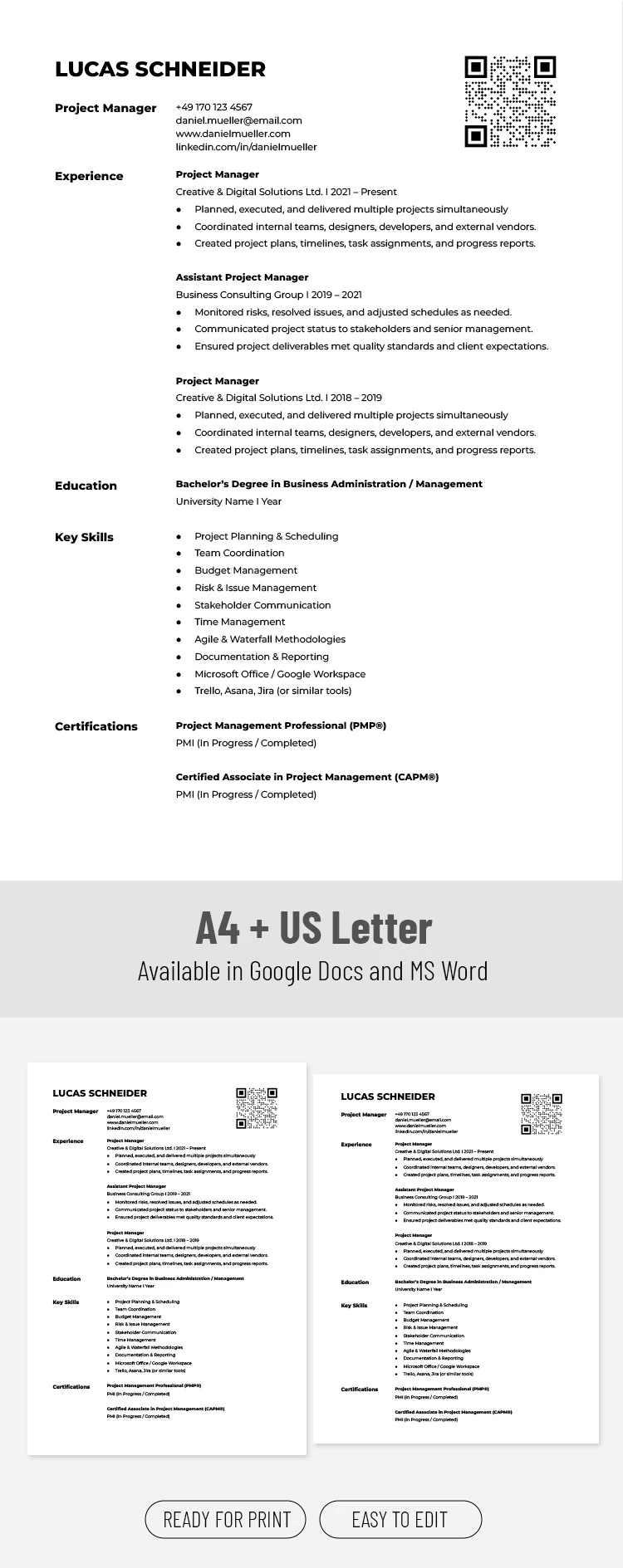 ATS-Optimized Project Manager Resume Template - free Google Docs Template - 10072635