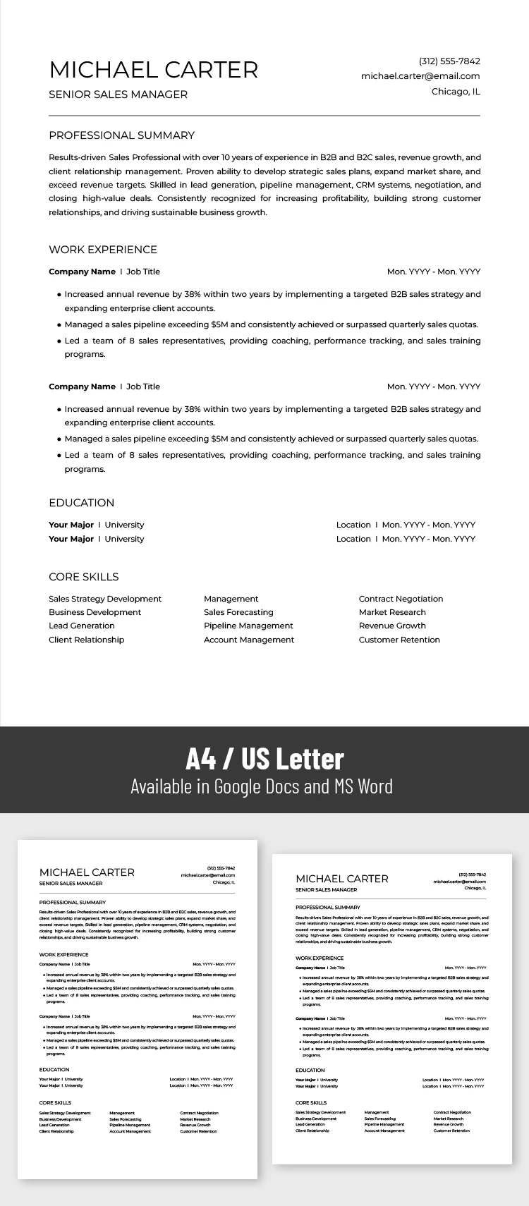 Preview of ATS Sales Resume Template for Google Docs and Microsoft Word